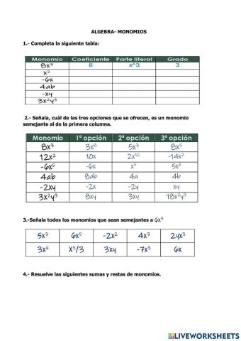 Monomios-álgebra