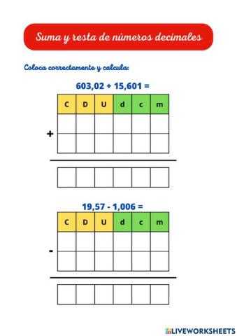 Suma y resta de números decimales