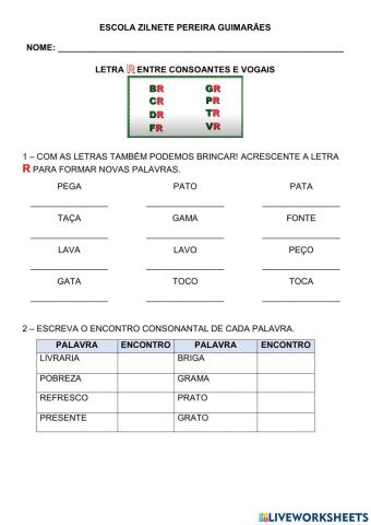 Letra R entre consoantes e vogais II