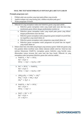 Soal Pre Test Hidrolisis Garam