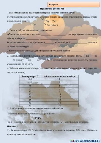 Практична робота №5. Визначення вологості повітря за заданими показниками.