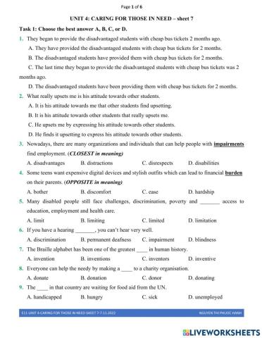 E11-unit 4- caring for those in need-sheet 7