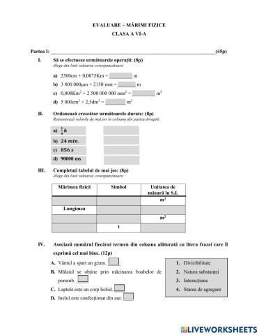 Evaluare. Mărimi fizice
