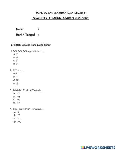 Ujian Semester 1 Matematika Kelas 9 TA 2022-2023