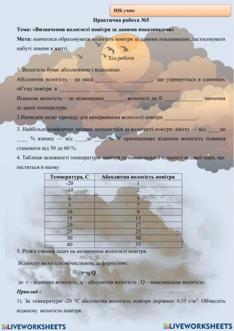 Практична робота 5. Визначення вологості повітря за заданими показниками.