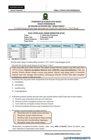 Soal PAS Tema 3 Kelas 6