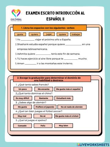 Examen escrito introducción al español 2