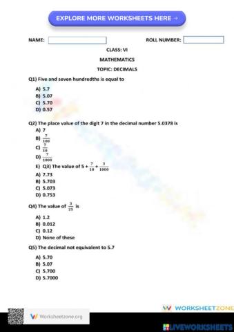 Multiple choice decimal questions