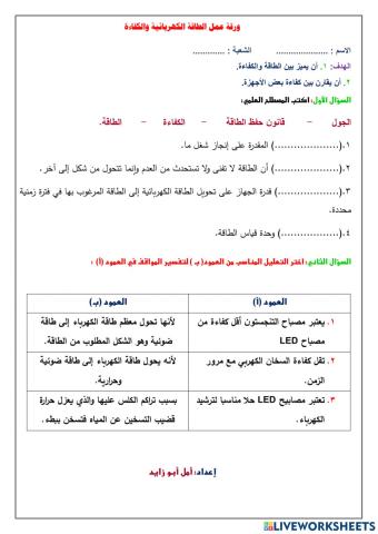 ورقة عمل الطاقة والكفاءة