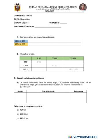 Examen Matemática - Primer Quimestre