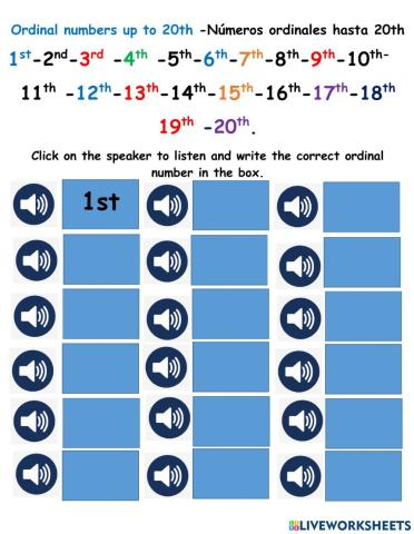 Ordinal numbers up to 20th