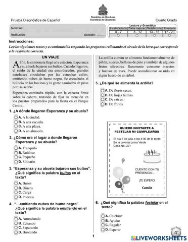 Prueba diagnostica de español cuarto grado