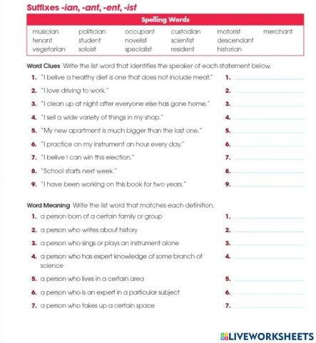 Suffixes ant, ist, ian