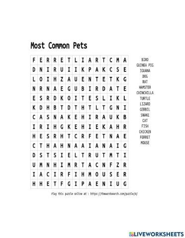 Wordsearch common animal