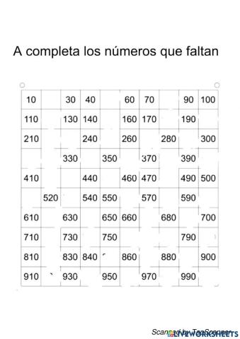 Numeración 10 en 10 hasta el 1000