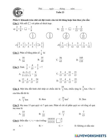 Toán cuối tuần 23