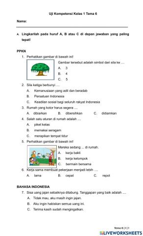 Uji Kompetensi Kelas 1 Tema 6