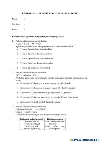 Soal Pretest Kognitif Kesetimbangan Kimia