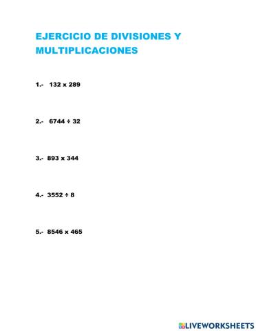 Ejercicio de multiplicaciones y divisiones