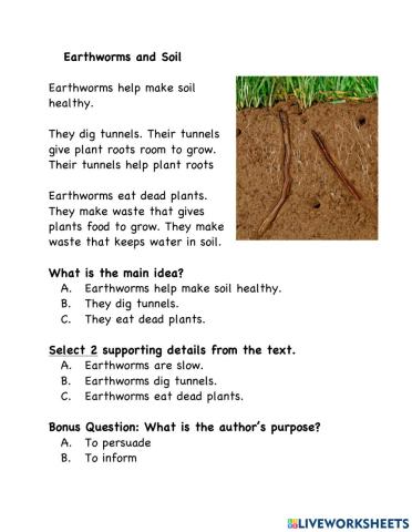 Main Idea and Details: Earthworms and Soil