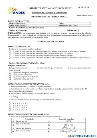 Evaluación de conocimientos primero bgu