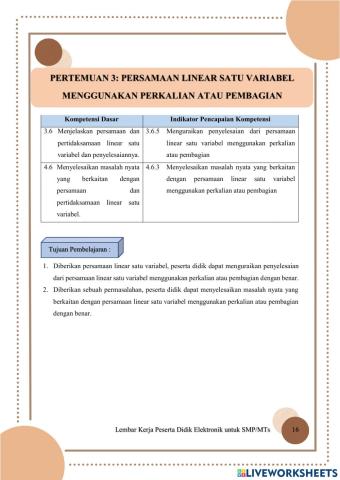 Pertemuan 3: Persamaan Linear Satu Variabel Menggunakan Perkalian atau Pembagian