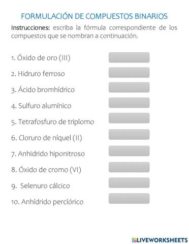 Formulación de compuestos químicos binarios