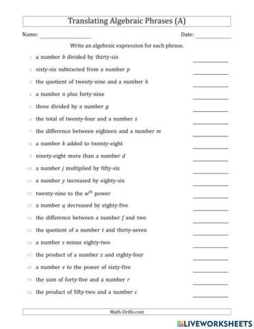 Math Writing Algebraic Expressions Worksheet