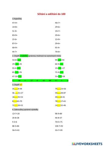 Pracovní list- Sčítání a odčítání do 100
