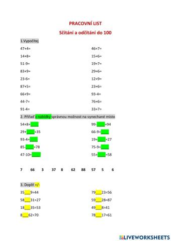 Pracovní list- sčítání a odčítání do 100