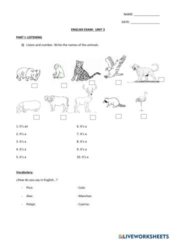 Examen de inglés Unidad 3 5ª primaria