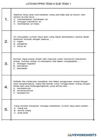 Latihan soal PPKN TEMA 6 SUB TEMA 1