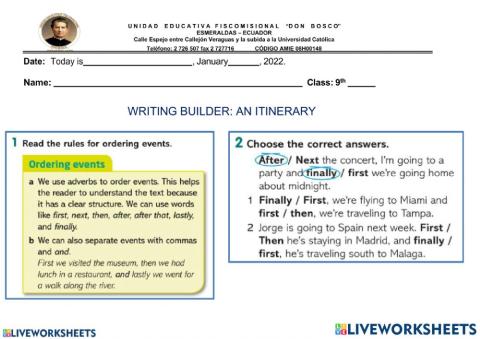 Writing builder 6- an itinirary