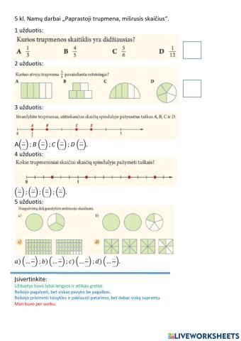 Namų darbai 5 kl. Paprastoji trupmena ir mišrusis skaičius.