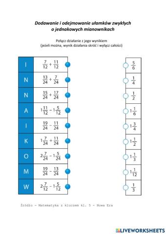 Dodawanie i odejmowanie ułamków o równych mianownikach