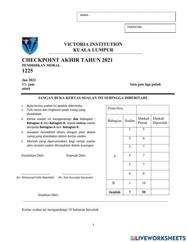 CHECK POINT AKHIR TAHUN PENDIDIKAN MORAL TINGKATAN 1