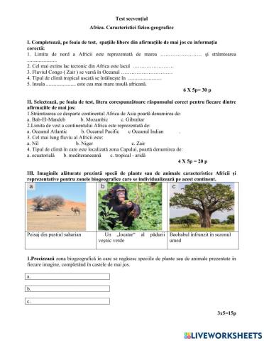 Test secvențial Africa - caracteristici fizico-geografice