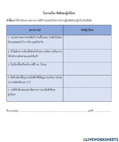 ใบงาน เรื่อง สิทธิผู้บริโภค