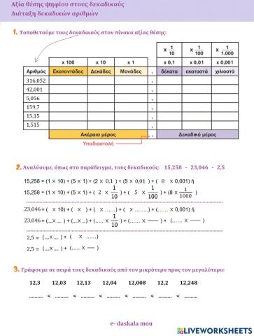Δεκαδικοί Αριθμοί - Αξία θέσης ψηφίου - Διάταξη