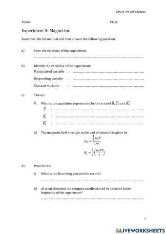 DP024 Prelab Experiment 5: Magnetism