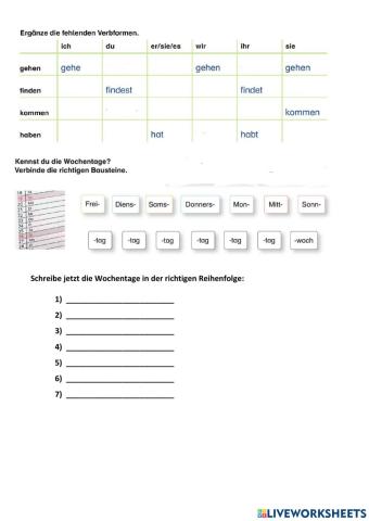 Deutsch Übungen Wochentage+Verben