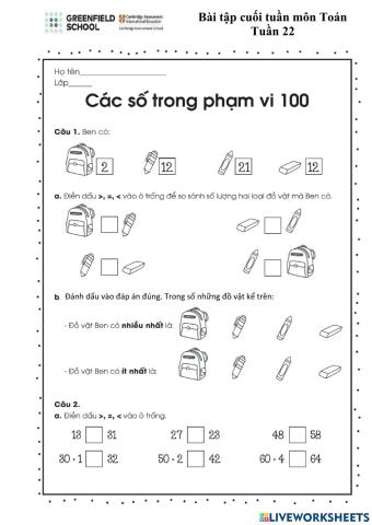 Bài tập cuối tuần 22 môn Toán