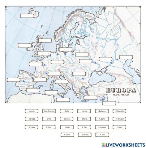 Mapa físico Europa ríos e islas