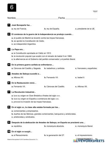 Test UD 6. CCSS. La Edad Contemporánea: España en el siglo XIX.