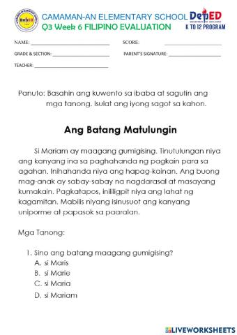 Q3 week 6 filipino evaluation