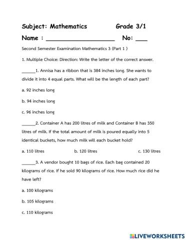 P3 Maths test part 1