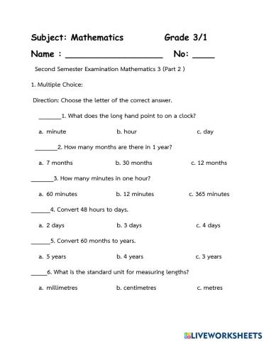 P3 Maths test part 2