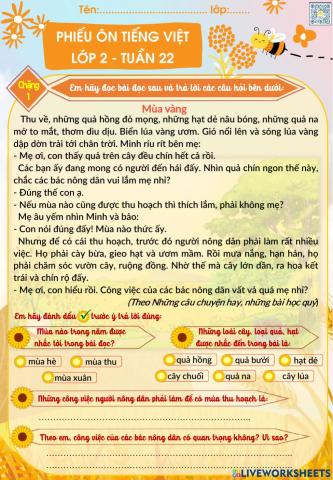 Lớp 2 - Tiếng việt - Tuần 22 - Đề 1