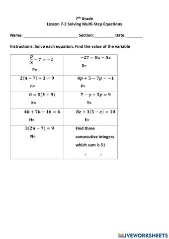 7th Lesson 7-2 Exercises