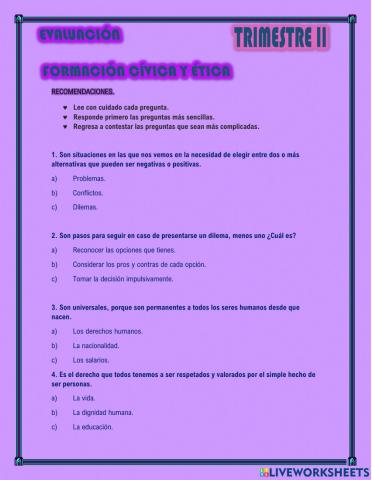 Examen Formación Cívica y ética